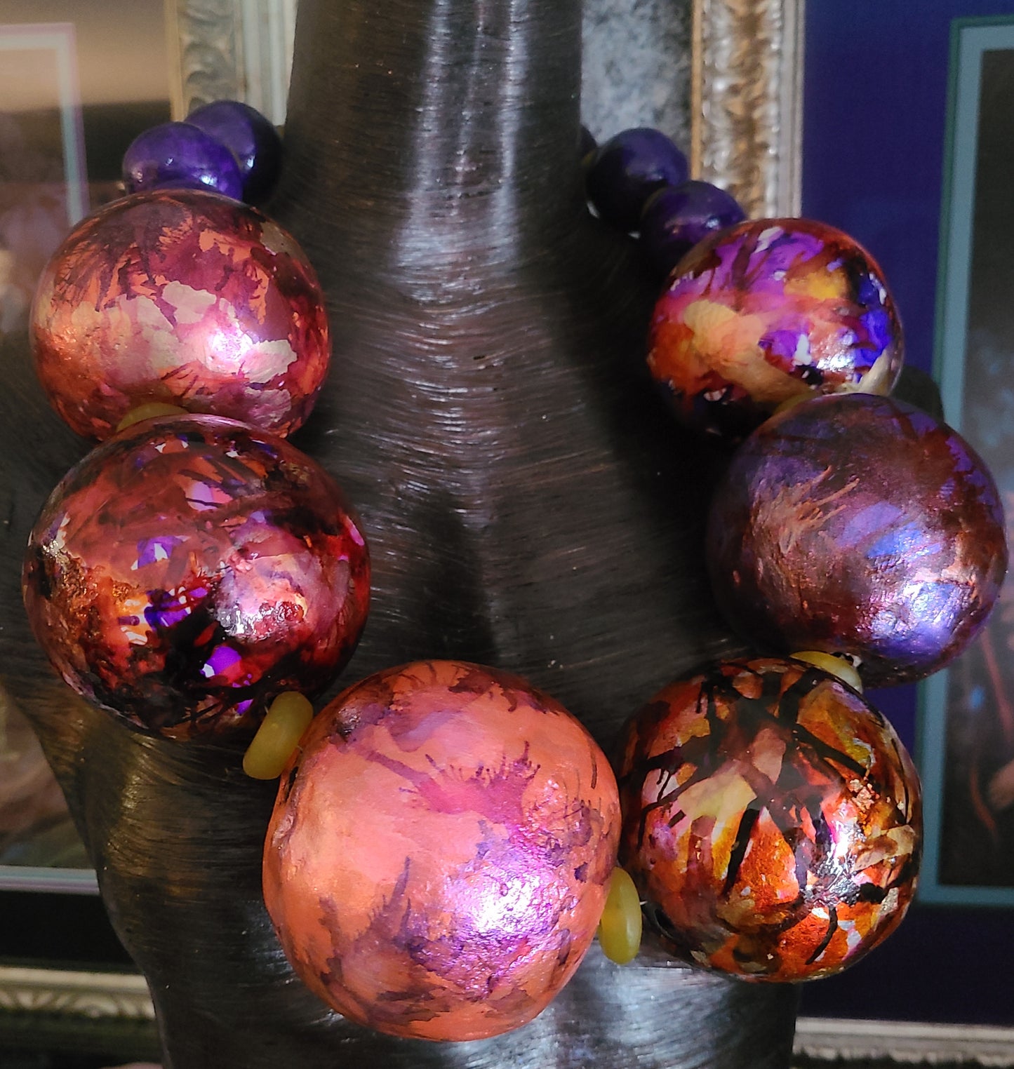 Jumbo Hand Sculpted Purple Alcohol Ink Beaded Necklace, Massive Orb Wearable Art Neck Statement Piece, Haute Couture Catwalk Accessory