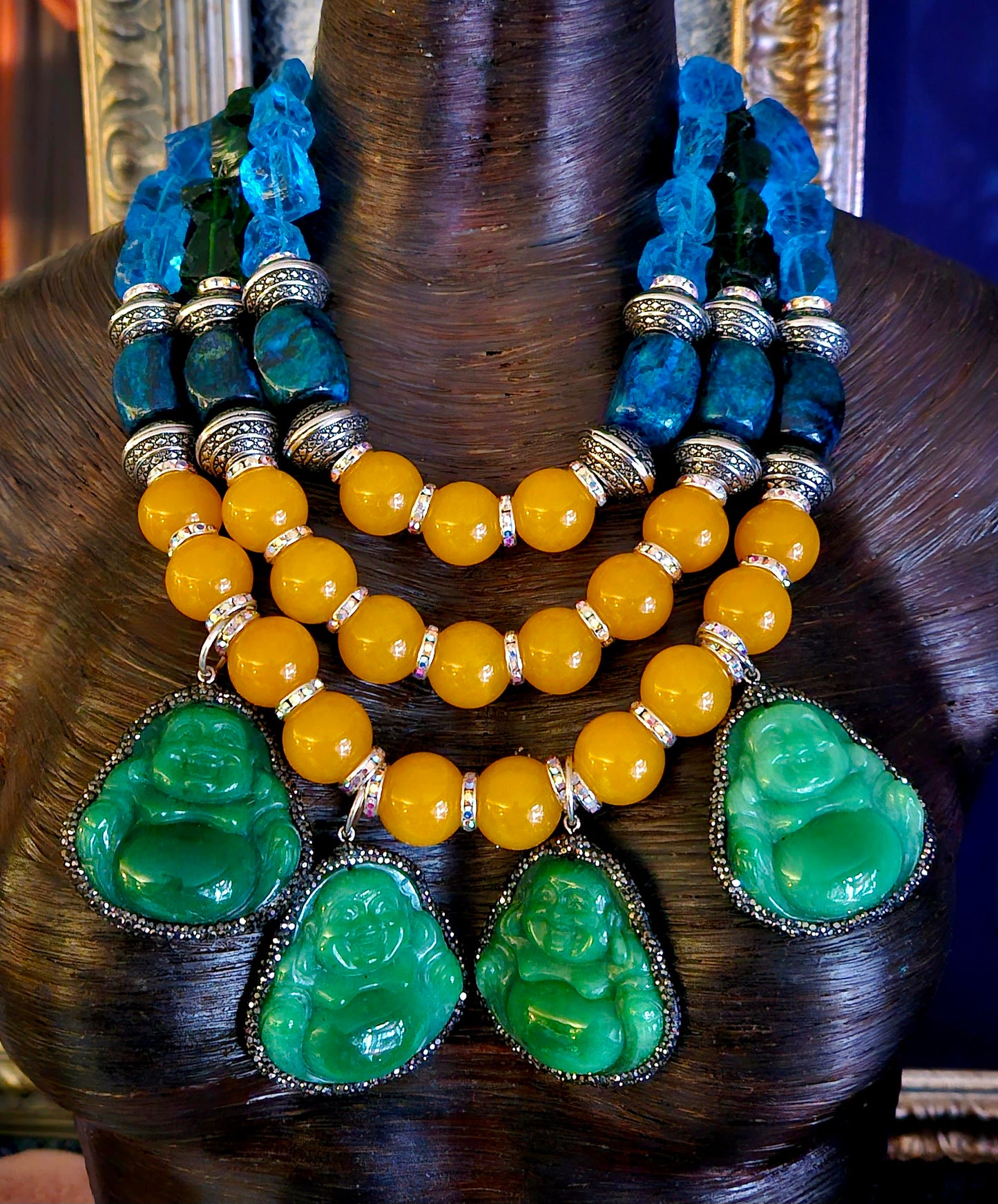 Luxury Green Blue & Yellow Jade Beaded Necklace with Buddha Dangles, Bold Chunky Heavy Gemstone Chest Piece, High End Photoshoot Jewelry, OOAK Art to Wear Collectors