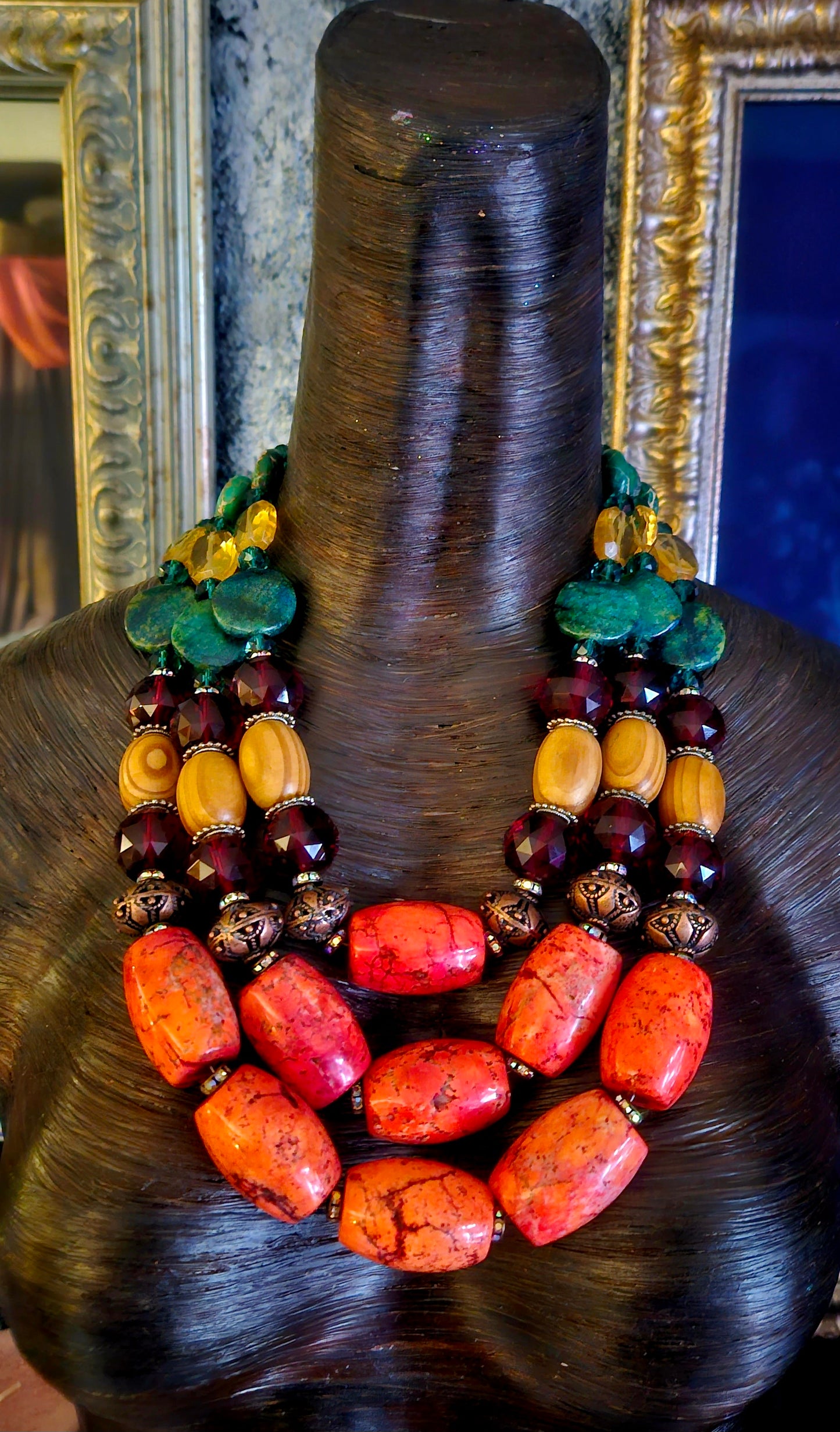 Exotic Mixed Beaded Tropical Statement Necklace; Orange Green Red & Brown Component Chest Piece, Bold Chunky Heavy Magnesite Barrel Bead Neck Candy