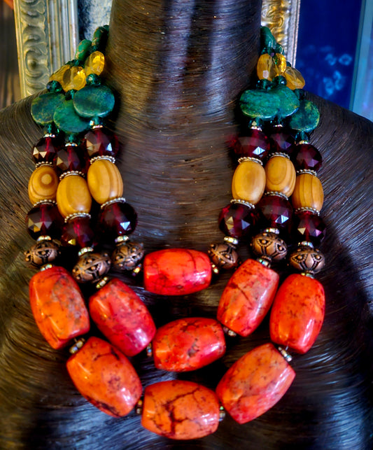Exotic Mixed Beaded Tropical Statement Necklace; Orange Green Red & Brown Component Chest Piece, Bold Chunky Heavy Magnesite Barrel Bead Neck Candy