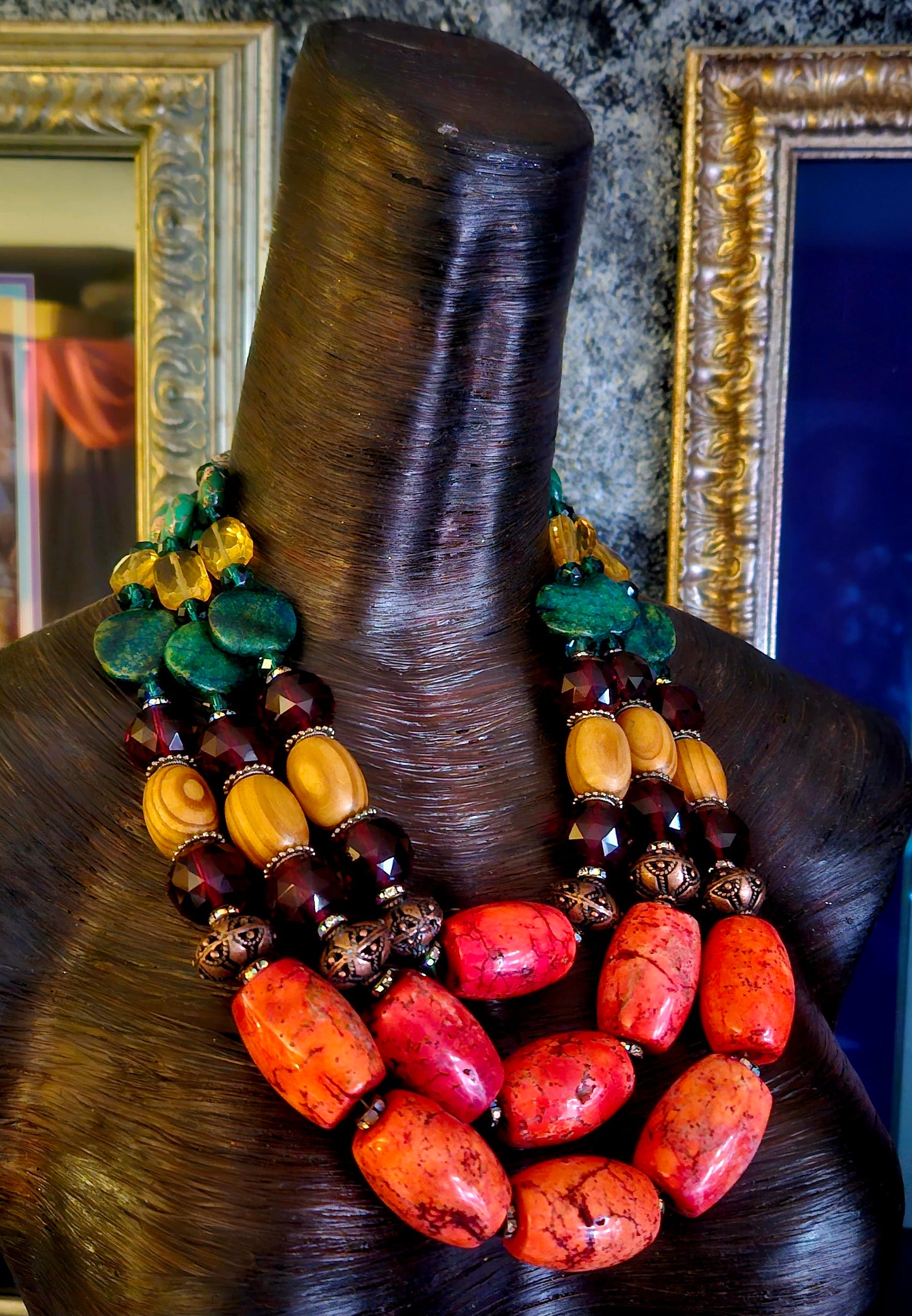 Exotic Mixed Beaded Tropical Statement Necklace; Orange Green Red & Brown Component Chest Piece, Bold Chunky Heavy Magnesite Barrel Bead Neck Candy