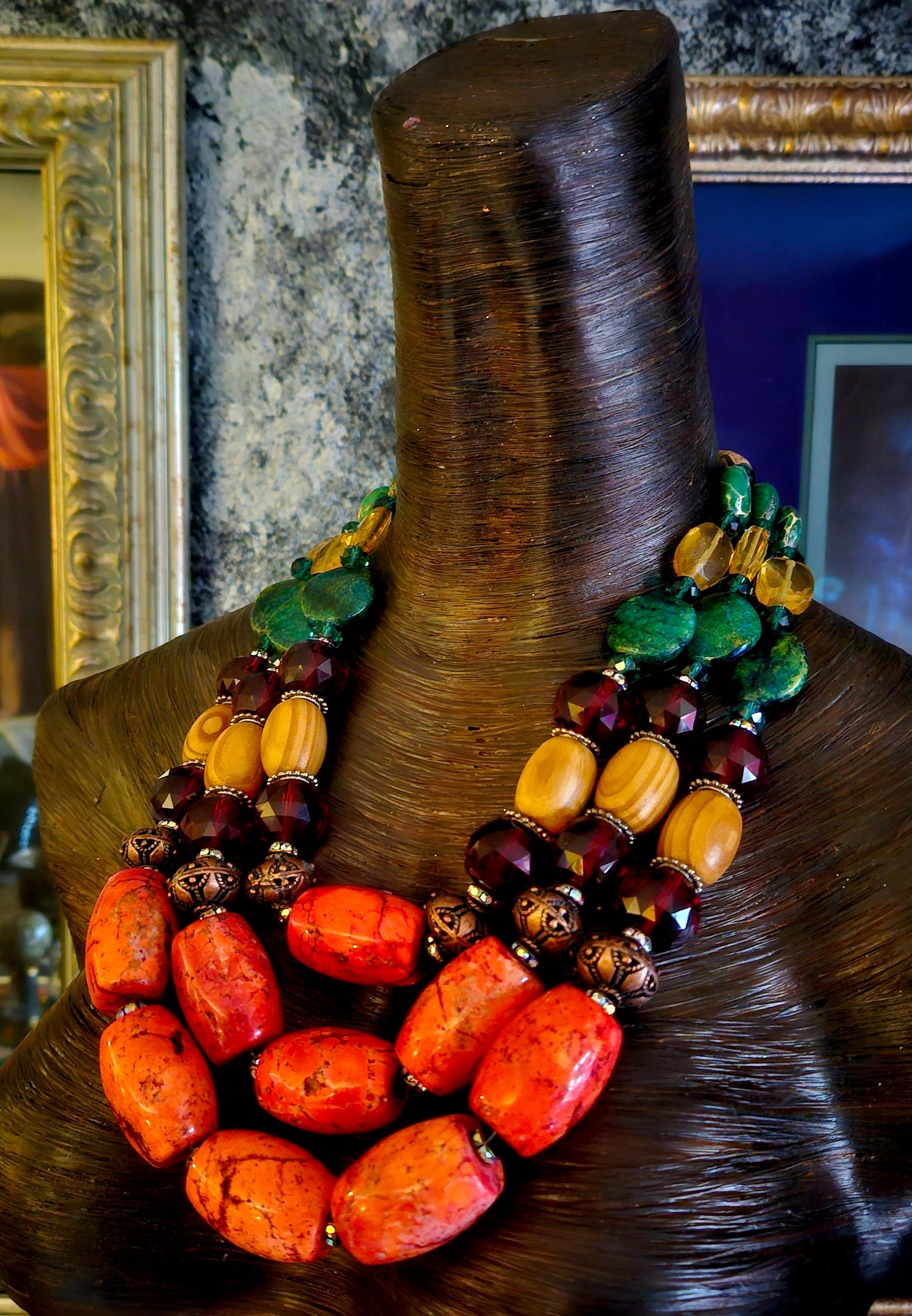 Exotic Mixed Beaded Tropical Statement Necklace; Orange Green Red & Brown Component Chest Piece, Bold Chunky Heavy Magnesite Barrel Bead Neck Candy