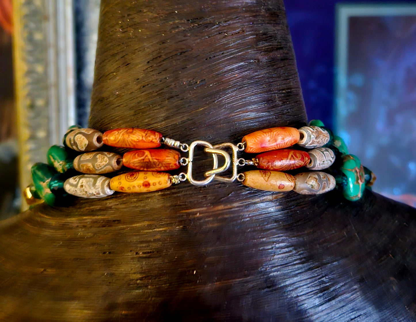 Exotic Mixed Beaded Tropical Statement Necklace; Orange Green Red & Brown Component Chest Piece, Bold Chunky Heavy Magnesite Barrel Bead Neck Candy