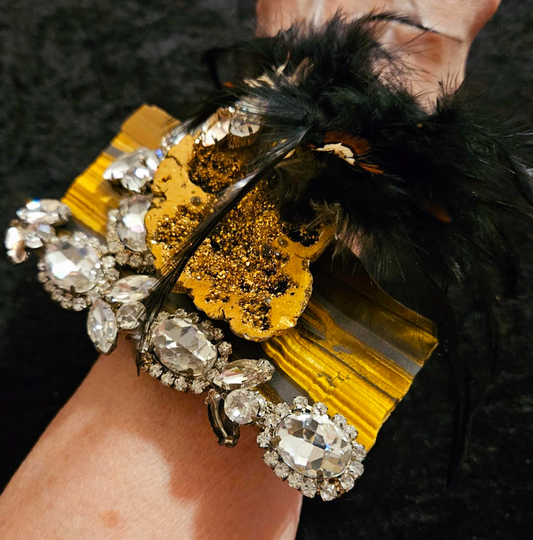 Rare Marra Mamba Polished Slab Gold Geode Black Feather and Rhinestone Artisan Cuff, Drag Queen Wrist Candy, Gaudy OOAK Bracelet