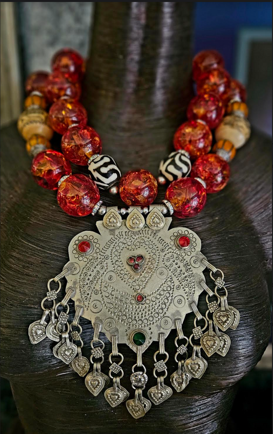 Oversized Faux Amber Tribal Statement Necklace With Vintage Kuchi Pendant, Jewelry for Women of Color, Scrimshaw Beaded Choker